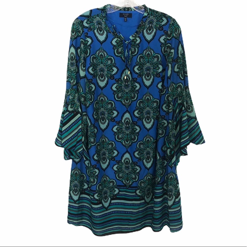 Kaari Blue Womens Medallion Paisley‎ Bell Sleeve Shift Dress Blue Teal XL